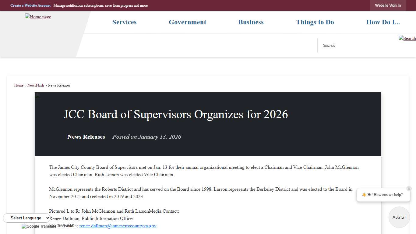JCC Board of Supervisors Organizes for 2026 • James City County, VA